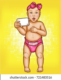 Comic baby girl with makeup, in glamor pink diaper, butterfly bow on head standing with smartphone in hand pop art vector illustration. Child imitating adult, fashionable accessories, kids and gadgets