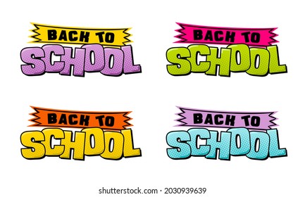 Comic Zurück zur Schule. Pop Art Logo. Halftone und Punkte. Vektorgrafik für Schulbanner, Präsentation, Vorlage.