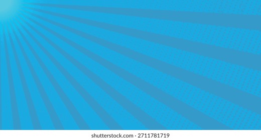 Fondo cómico Azul. Textura de arte Pop. Estilo de dibujos animados Starburst. Diseño anime con efecto de explosión para impresión. Divertido patrón de puntos. Fondo azul con degradado de semitono.