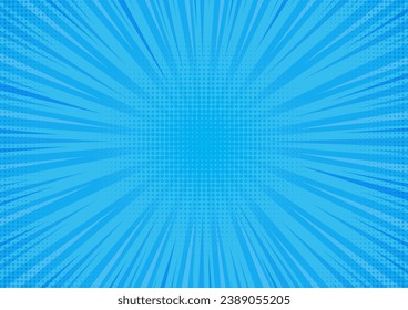 Comic background. Cartoon pop art abstract texture. Blue banner with speed ray lines and halftone dots. Radial wallpaper with rays, explosion for comic books. Vector concept. Gradient page with line