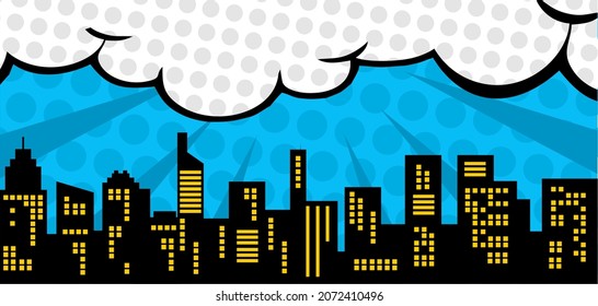 comic background with city silhouette and cloud