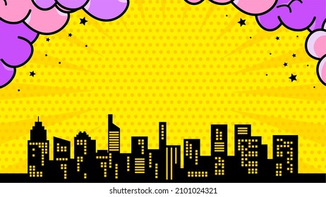 comic background with cloud and city silhouette