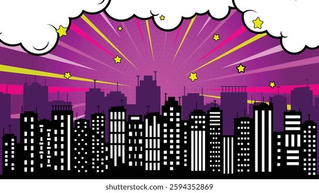 Comic background with cloud, stars and city silhouette illustration on purple.