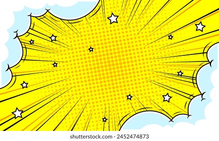 Comic background with cloud and stars illustration on yellow 