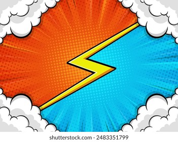 Comic background design in blue and orange with a lightning line in the middle and cloud decoration