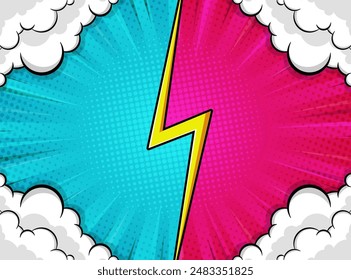Diseño de fondo cómico en azul y púrpura con una línea de rayos en el medio y la decoración de la nube