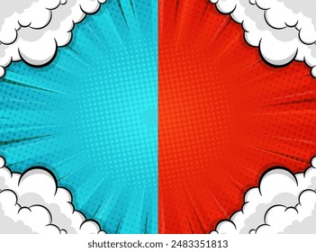 Comic background design in blue and red with cloud decoration