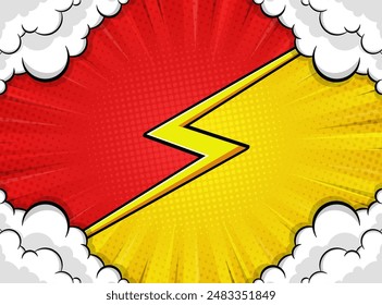 Comic background design in red and yellow with a lightning line in the middle and cloud decoration