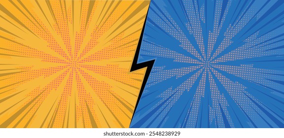 Fondo cómico con paneles en contraste de color naranja y azul con efectos de ráfaga radial, separados por un audaz rayo. Ideal para novelas gráficas, temas de superhéroes, diseños promocionales, pop-art.