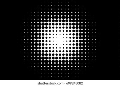 Comic background. Halftone dotted retro pattern with circles, dots, design element for web banners, posters, cards, wallpapers, backdrops, sites. Pop art style. Vector illustration. Black and white