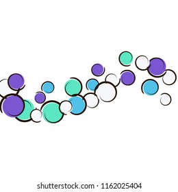 Comic background with pop art polka dot confetti. Big colored spots, spirals and circles on white. Vector illustration. Hipster kids splatter for birthday party. Rainbow comic background.
