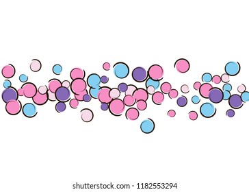 Comic background with pop art polka dot confetti. Big colored spots, spirals and circles on white. Vector illustration. Colorful kids splatter for birthday party. Rainbow comic background.