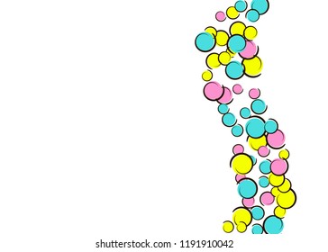 Comic background with pop art polka dot confetti. Big colored spots, spirals and circles on white. Vector illustration. Vibrant kids splatter for birthday party. Rainbow comic background.