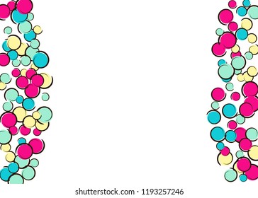 Comic background with pop art polka dot confetti. Big colored spots, spirals and circles on white. Vector illustration. Rainbow kids splatter for birthday party. Rainbow comic background.