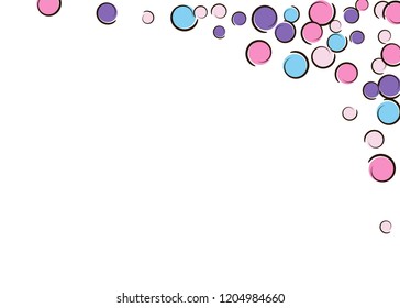 Comic background with pop art polka dot confetti. Big colored spots, spirals and circles on white. Vector illustration. Hipster childish splash for birthday party. Rainbow comic background.