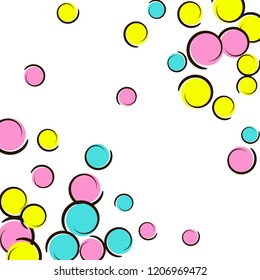 Comic background with pop art polka dot confetti. Big colored spots, spirals and circles on white. Vector illustration. Spectrum kids splatter for birthday party. Rainbow comic background.