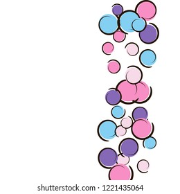 Comic background with pop art polka dot confetti. Big colored spots, spirals and circles on white. Vector illustration. Vibrant childish splash for birthday party. Rainbow comic background.