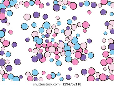Comic background with pop art polka dot confetti. Big colored spots, spirals and circles on white. Vector illustration. Colorful kids splatter for birthday party. Rainbow comic background.