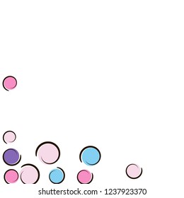 Comic background with pop art polka dot confetti. Big colored spots, spirals and circles on white. Vector illustration. Trendy kids splatter for birthday party. Rainbow comic background.