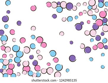 Comic background with pop art polka dot confetti. Big colored spots, spirals and circles on white. Vector illustration. Stylish childish splash for birthday party. Rainbow comic background.