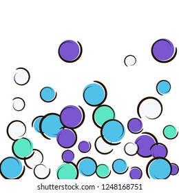 Comic background with pop art polka dot confetti. Big colored spots, spirals and circles on white. Vector illustration. Vibrant kids splatter for birthday party. Rainbow comic background.