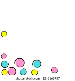 Comic background with pop art polka dot confetti. Big colored spots, spirals and circles on white. Vector illustration. Bright childish splash for birthday party. Rainbow comic background.