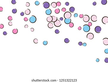 Comic background with pop art polka dot confetti. Big colored spots, spirals and circles on white. Vector illustration. Spectrum childish splash for birthday party. Rainbow comic background.