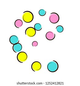 Comic background with pop art polka dot confetti. Big colored spots, spirals and circles on white. Vector illustration. Rainbow childish splash for birthday party. Rainbow comic background.