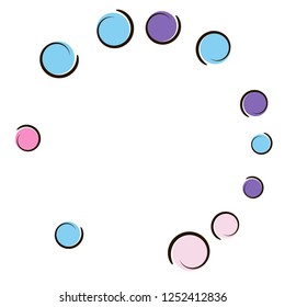 Comic background with pop art polka dot confetti. Big colored spots, spirals and circles on white. Vector illustration. Spectrum childish splash for birthday party. Rainbow comic background.