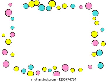 Comic background with pop art polka dot confetti. Big colored spots, spirals and circles on white. Vector illustration. Trendy kids splatter for birthday party. Rainbow comic background.