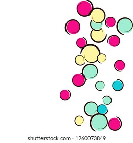 Comic background with pop art polka dot confetti. Big colored spots, spirals and circles on white. Vector illustration. Rainbow childish splash for birthday party. Rainbow comic background.