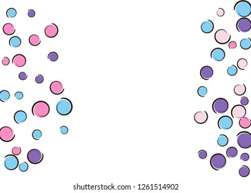 Comic background with pop art polka dot confetti. Big colored spots, spirals and circles on white. Vector illustration. Bright childish splash for birthday party. Rainbow comic background.