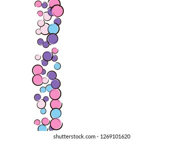 Comic background with pop art polka dot confetti. Big colored spots, spirals and circles on white. Vector illustration. Colorful childish splash for birthday party. Rainbow comic background.