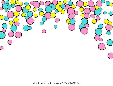 Comic background with pop art polka dot confetti. Big colored spots, spirals and circles on white. Vector illustration. Stylish kids splatter for birthday party. Rainbow comic background.