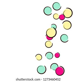 Comic background with pop art polka dot confetti. Big colored spots, spirals and circles on white. Vector illustration. Colorful kids splatter for birthday party. Rainbow comic background.