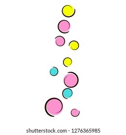 Comic background with pop art polka dot confetti. Big colored spots, spirals and circles on white. Vector illustration. Stylish childish splash for birthday party. Rainbow comic background.