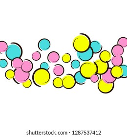 Comic background with pop art polka dot confetti. Big colored spots, spirals and circles on white. Vector illustration. Stylish childish splash for birthday party. Rainbow comic background.