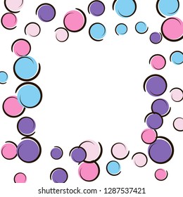 Comic background with pop art polka dot confetti. Big colored spots, spirals and circles on white. Vector illustration. Colorful kids splatter for birthday party. Rainbow comic background.