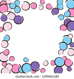 Comic background with pop art polka dot confetti. Big colored spots, spirals and circles on white. Vector illustration. Spectrum kids splatter for birthday party. Rainbow comic background.