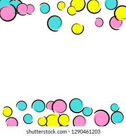 Comic background with pop art polka dot confetti. Big colored spots, spirals and circles on white. Vector illustration. Rainbow childish splash for birthday party. Rainbow comic background.