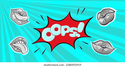 Comic background in pop art style with halftone dots and blue rays. Vintage background with collage elements depicting the mouth and tongue. Inscription "oops" in the speech bubble. Vector.