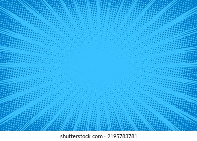 Comic background  Pop art texture  Starburst cartoon style  Anime design and explosion effect for print  Fun dot pattern  Blue backdrop and halftone gradient  Funny line frame  Vector illustration