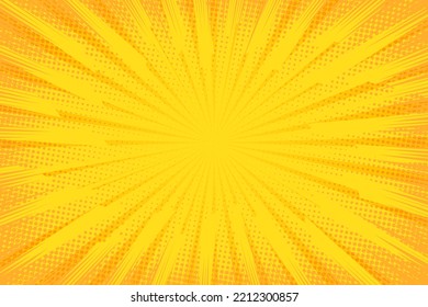 Comic Background. Pop Art Texture. Starburst Cartoon Style. Anime Design With Explosion Effect For Print. Fun Dot Pattern. Yellow Backdrop With Halftone Gradient. Funny Line Frame. Vector Illustration