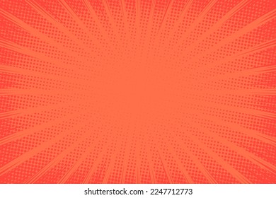 Comic background. Pop art texture. Starburst cartoon style. Anime design with explosion effect for prints. Fun dot pattern. Red backdrop with halftone gradient. Funny line frame. Vector illustration