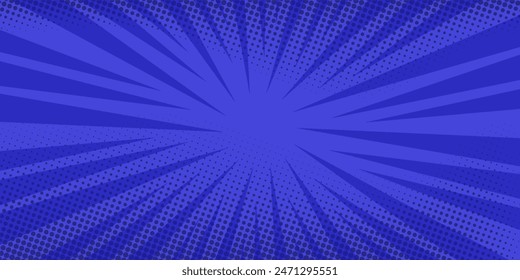 Comic background. Pop art texture. Starburst cartoon style. Anime design with explosion effect for print. Fun dot pattern. Blue backdrop with halftone gradient.