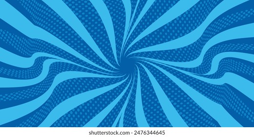 Comic background. Pop art texture. Starburst cartoon style. Anime design with explosion effect for print. Fun dot pattern. Blue backdrop with halftone gradient.