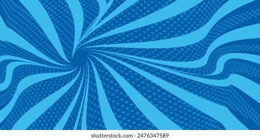 Comic background. Pop art texture. Starburst cartoon style. Anime design with explosion effect for print. Fun dot pattern. Blue backdrop with halftone gradient.