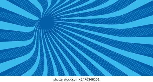 Comic background. Pop art texture. Starburst cartoon style. Anime design with explosion effect for print. Fun dot pattern. Blue backdrop with halftone gradient.