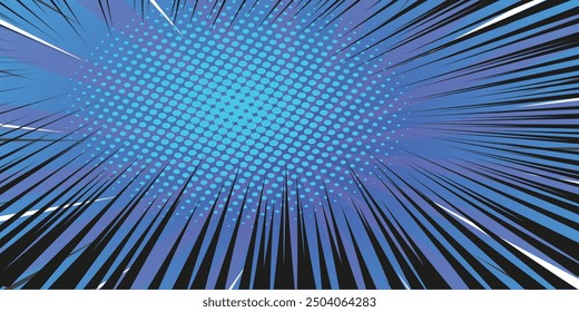 Comic background. Pop art texture. Starburst cartoon style. Anime design with explosion effect for print. Fun dot pattern. Blue backdrop with halftone gradient. Funny line frame. Vector illustration