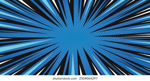 Comic background. Pop art texture. Starburst cartoon style. Anime design with explosion effect for print. Fun dot pattern. Blue backdrop with halftone gradient. Funny line frame. Vector illustration